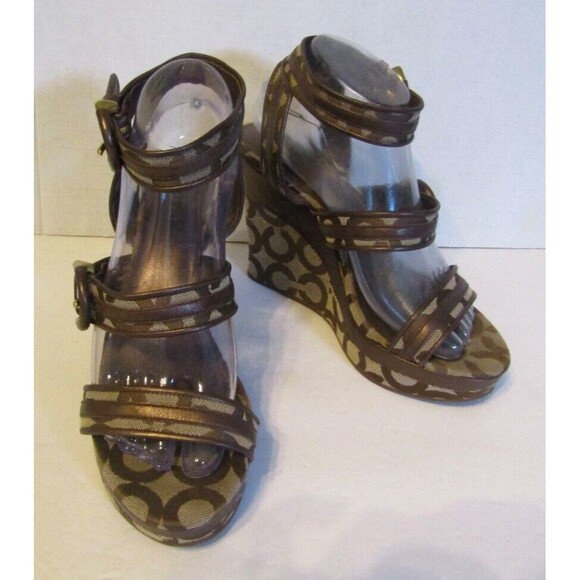 Coach Maralee Wedge Sandals Brown Signature Ankle Strap Heels Canvas Leather 8B - Picture 4 of 9